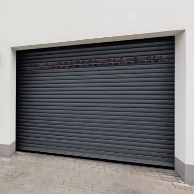 Porte de garage enroulable alu anthracite h212x240cm avec hublots, motorisée, centrale Somfy