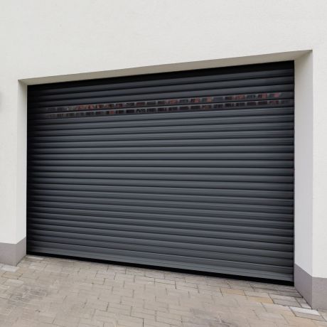 Porte de garage enroulable alu anthracite h212x240cm avec hublots, motorisée, centrale Somfy